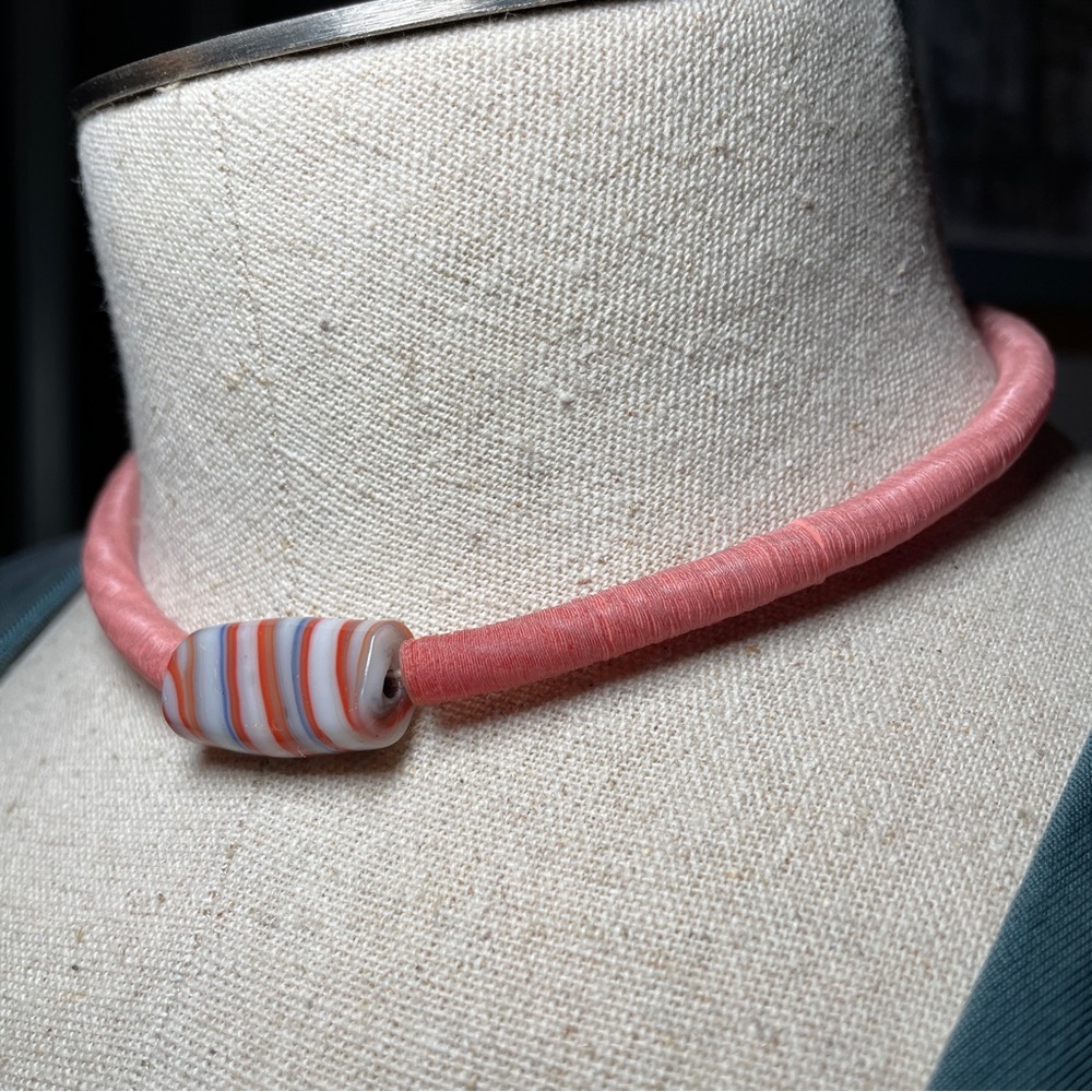 1970s Ghana Krobo Pink Vinyl Heishi Boho Choker w/ Antique Striped Trade Bead 💖